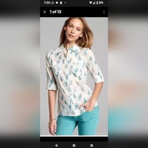 Tory Burch Brigette White Blue Lobster Nautical Beach Hampton Cotton Shirt Sz 8